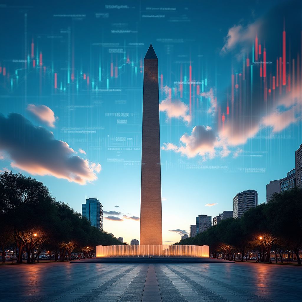 El Obelisco de Buenos Aires con gráficos financieros superpuestos